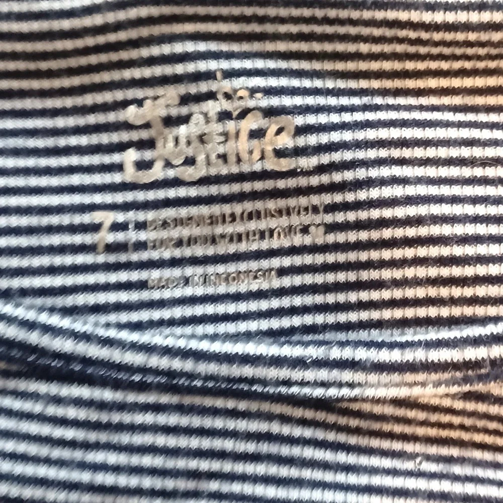 Justice T-Shirt Girls 7 Navy White Striped Emoji Fruit Patch School Nautical